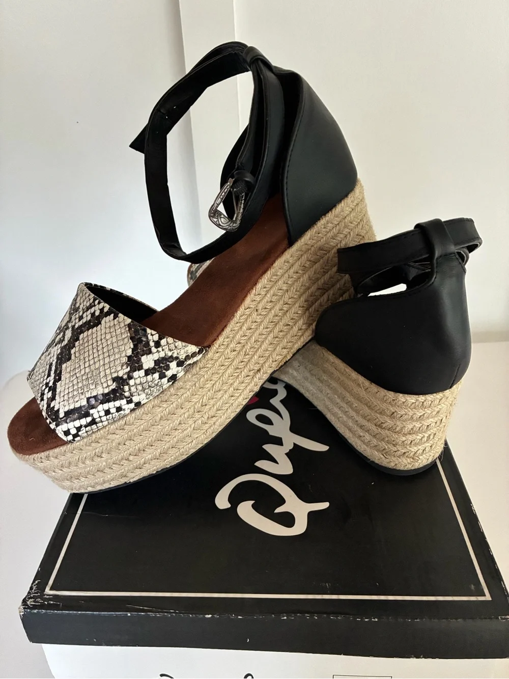 Qupid Snake-Print Espadrille Platform Sandal with Black Ankle Strap
